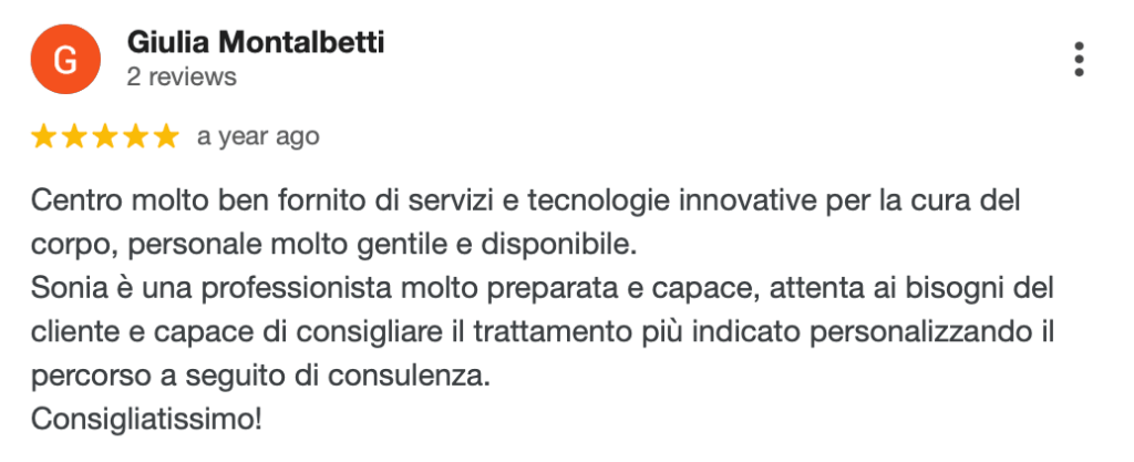 Recensione positiva di un cliente su una clinica di bellezza, evidenziando servizi innovativi e personale disponibile.